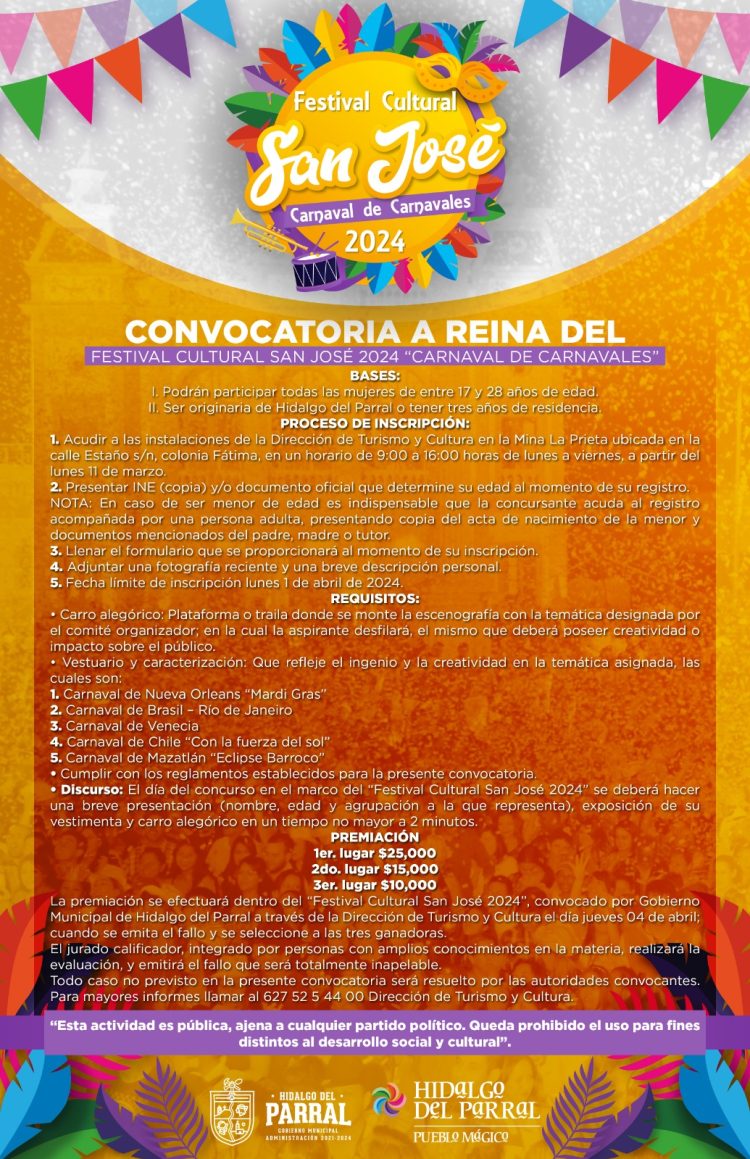 Invitan a participar para elegir a la Reina del Festival Cultural San José 2024
